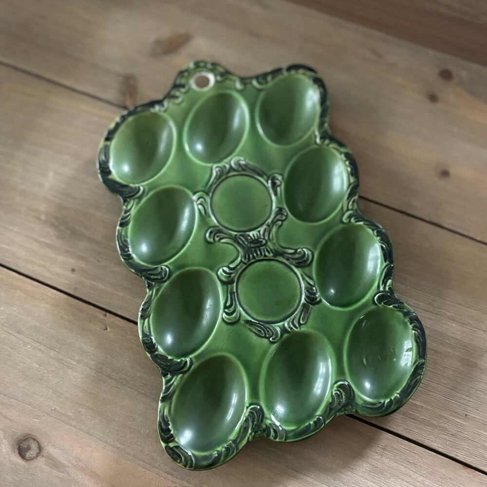 Vintage Mid-Century 60s 70s Green Ceramic Deviled Egg Tray Made in Japan